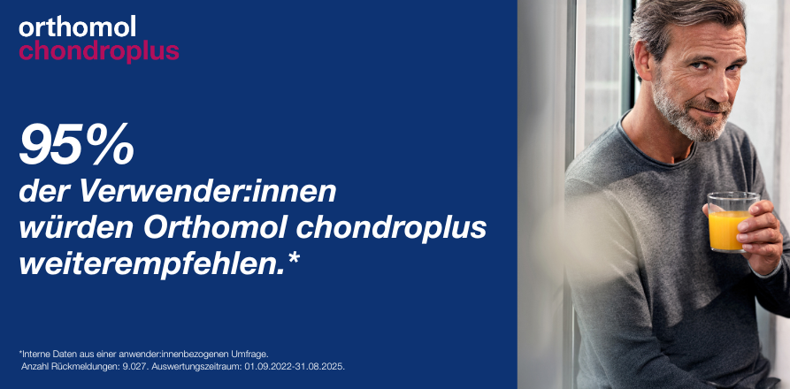 Produkt mit Glas und Früchten. Orthomol chondroplus-Schachtel. 30 Tagesportionen. Kapseln und Granulat.